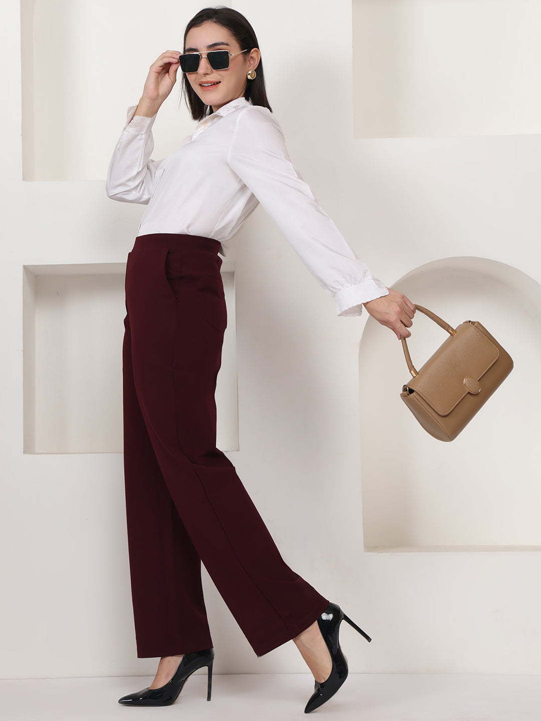 PUELLA Maroon High-Rise Wide-Leg Formal Trousers
