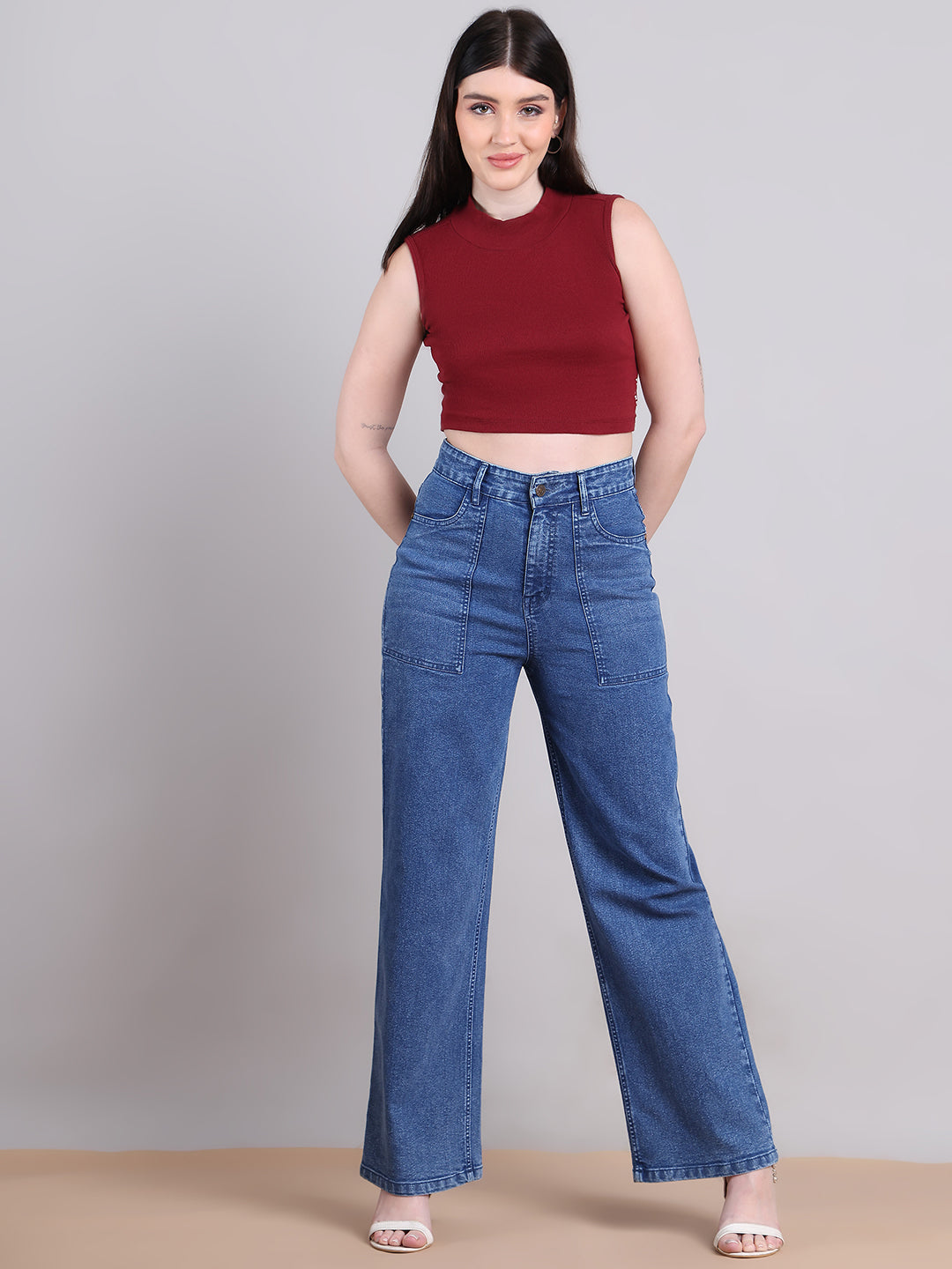 PUELLA Women Mid-Blue High-Rise Utility Pocket Wide-Leg Jeans