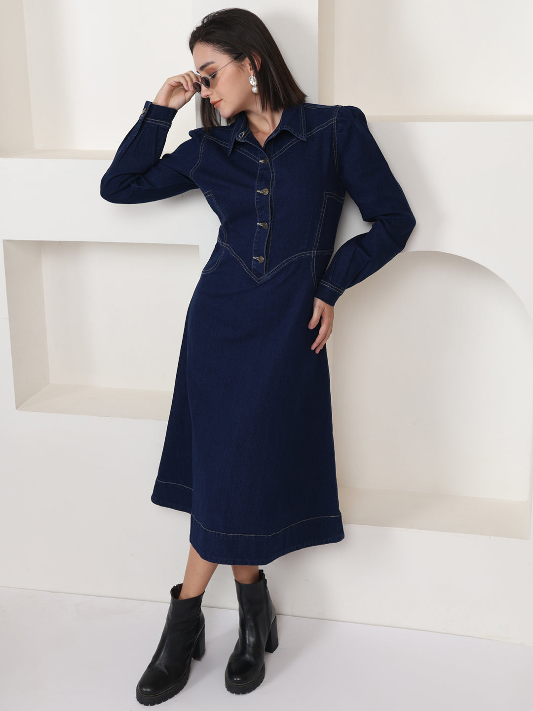 PUELLA Navy Blue Solid Denim Shirt-Collar A-Line Midi Dress