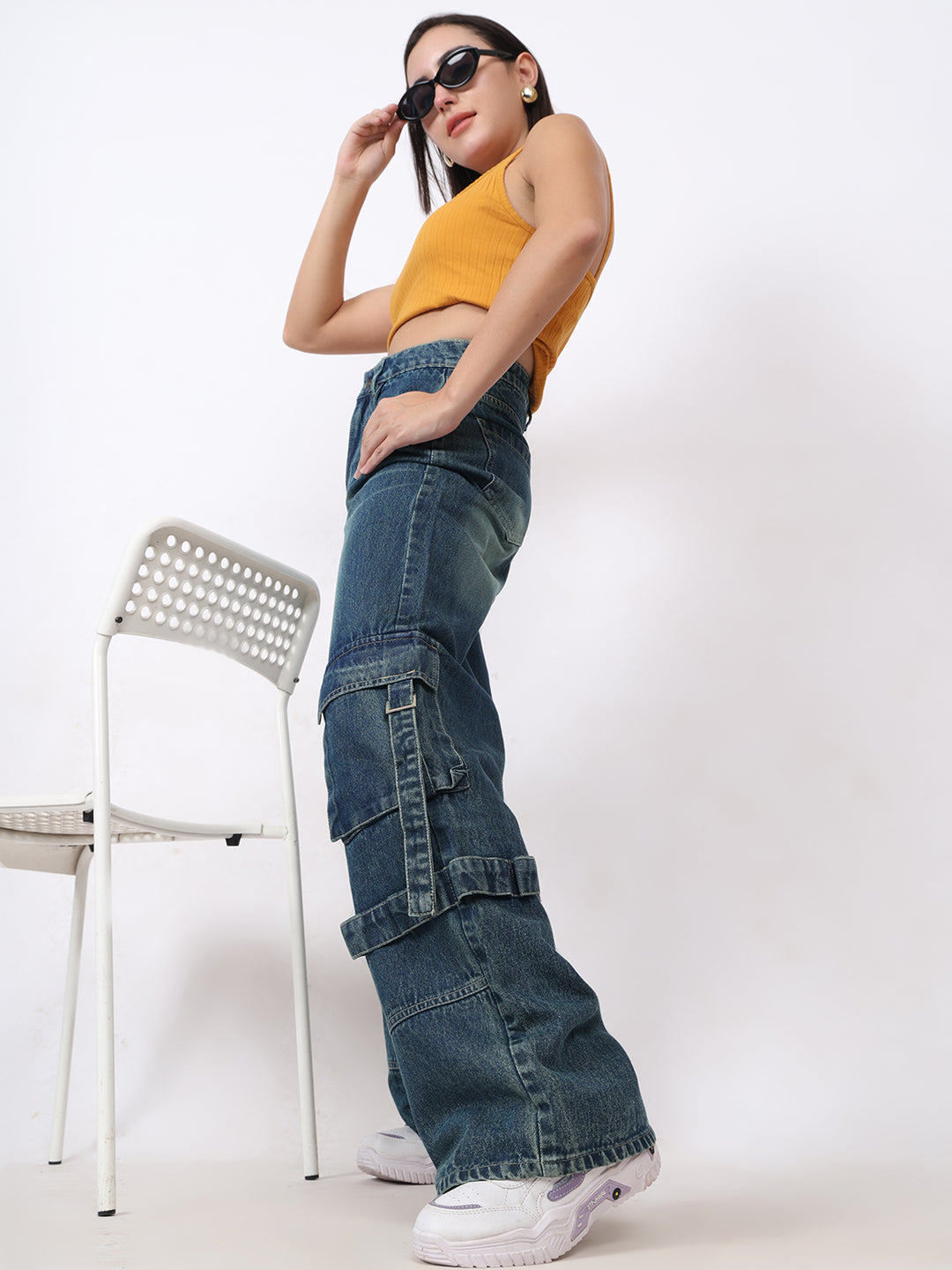 PUELLA Women Dark Blue High-Rise Baggy Cargo Jeans