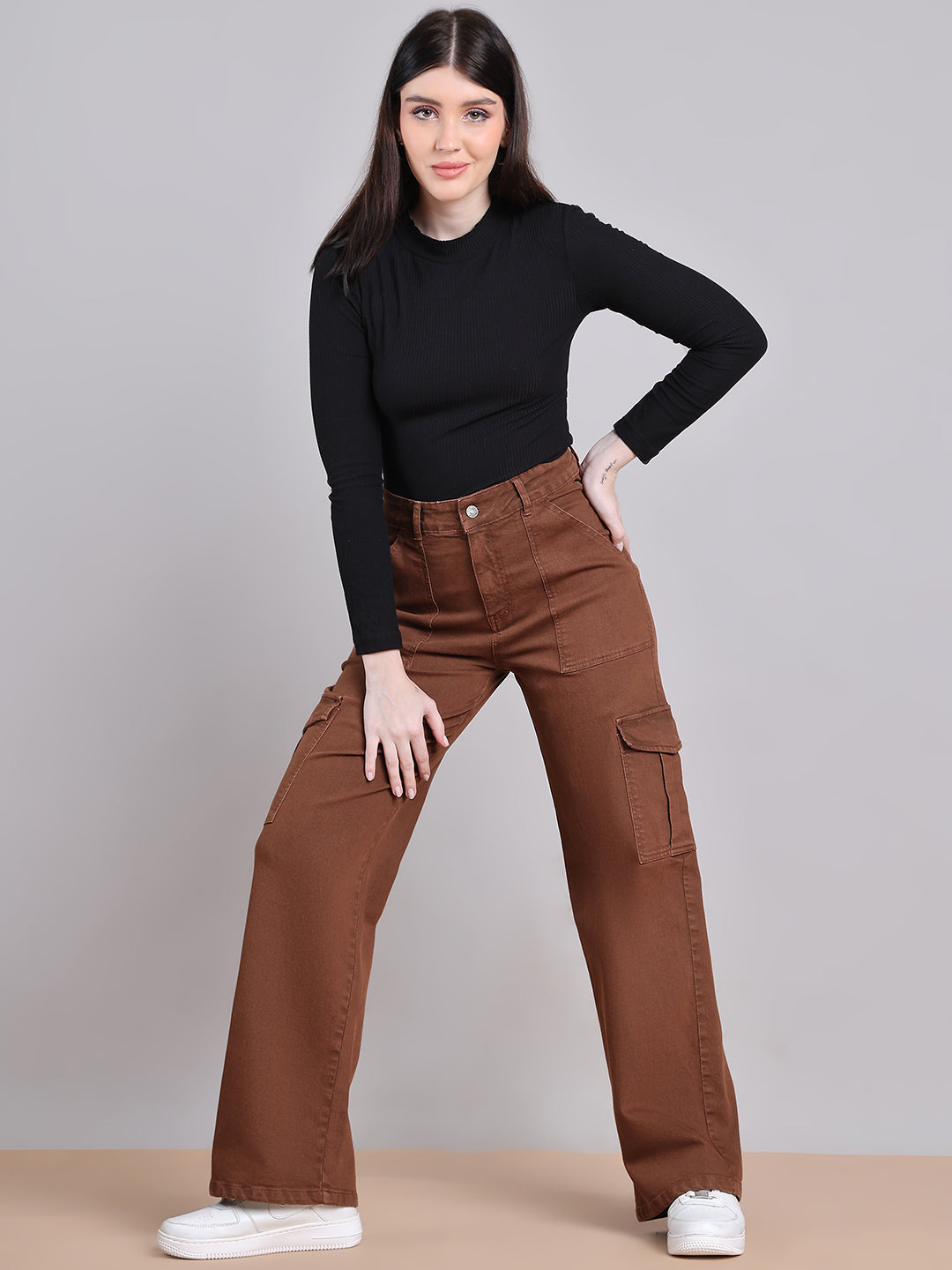 PUELLA Women Brown High-Rise Cargo Wide-Leg Jeans