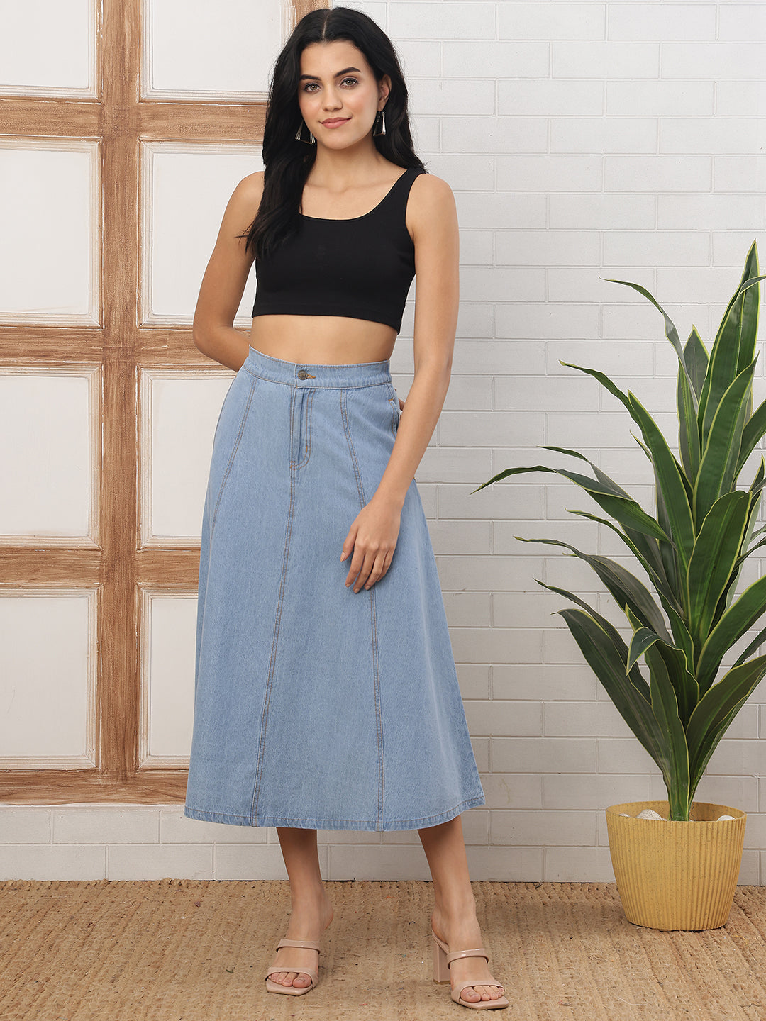 Women’s Light Blue Ice Wash Midi Denim Skirt