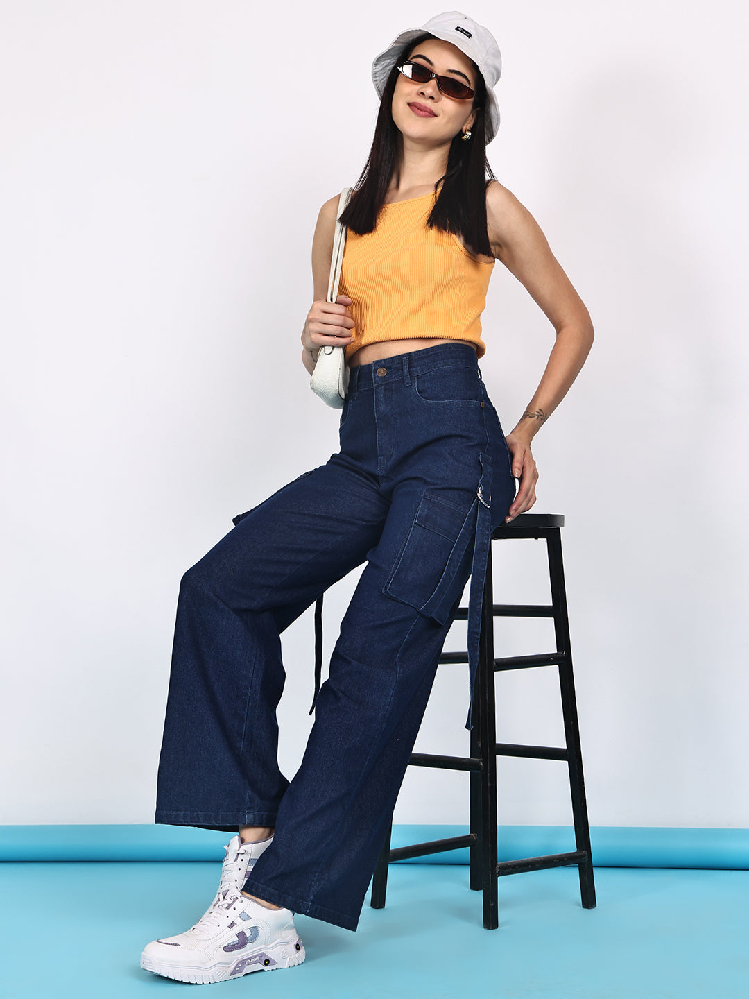 PUELLA Women High-Rise Dark Blue Cargo Wide-Leg Jeans