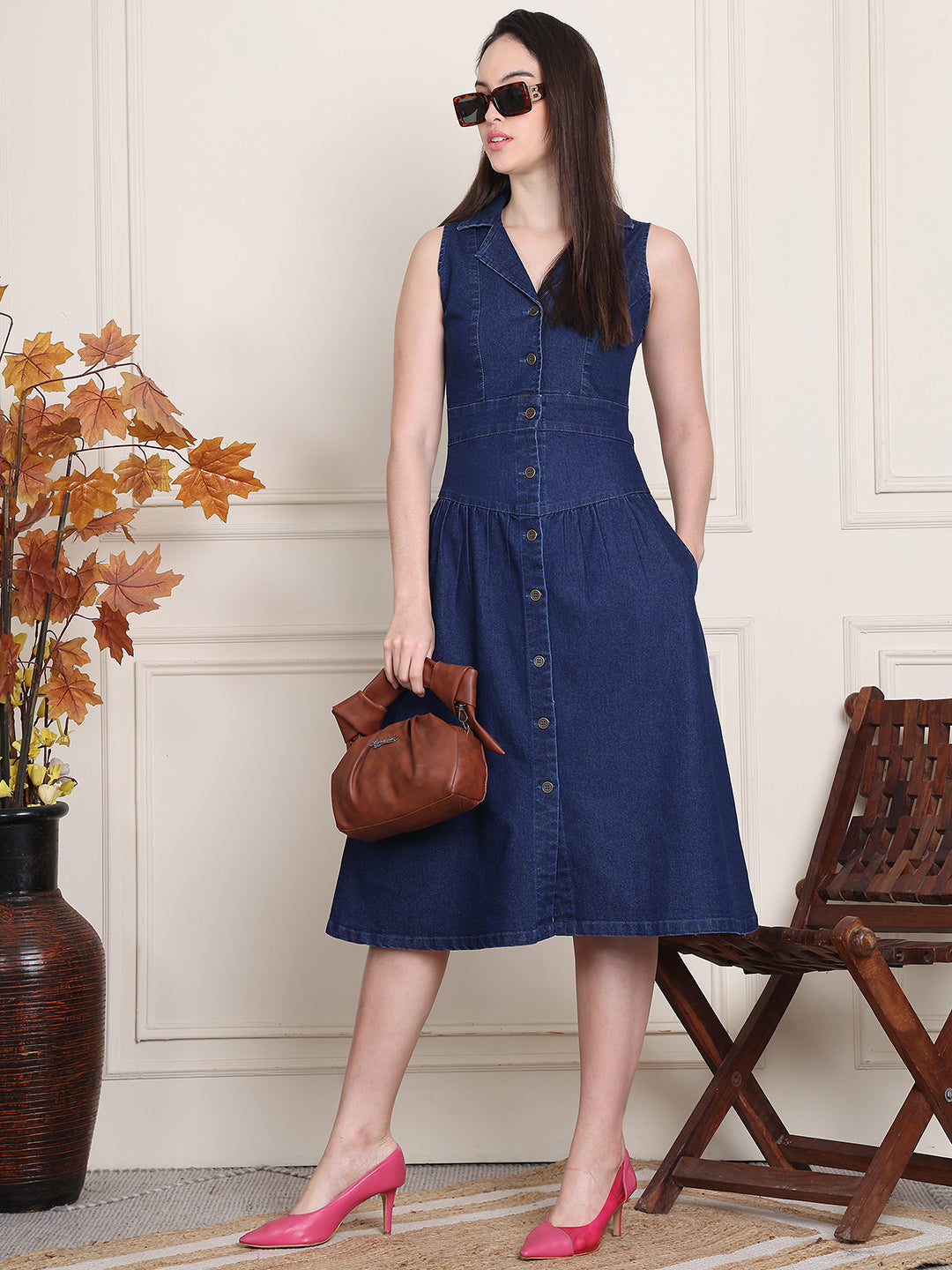 PUELLA Women’s Sleeveless Denim Collared A-Line Midi Dress with Button-Down Front