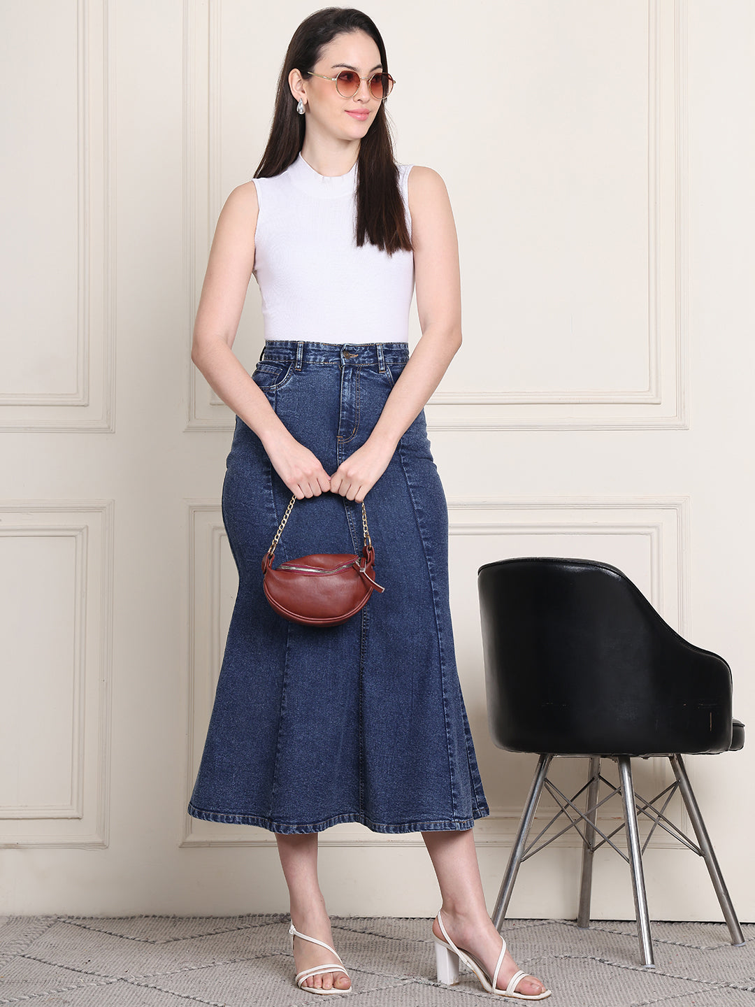 PUELLA Women's Blue Solid Flared Midi Denim Skirt