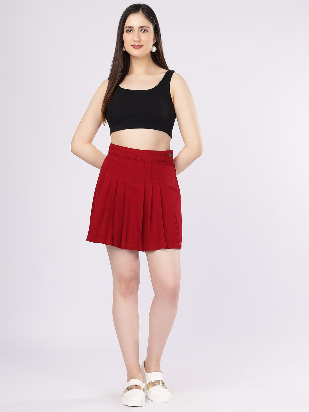 Women’s Maroon Pleated Denim Mini Skirt