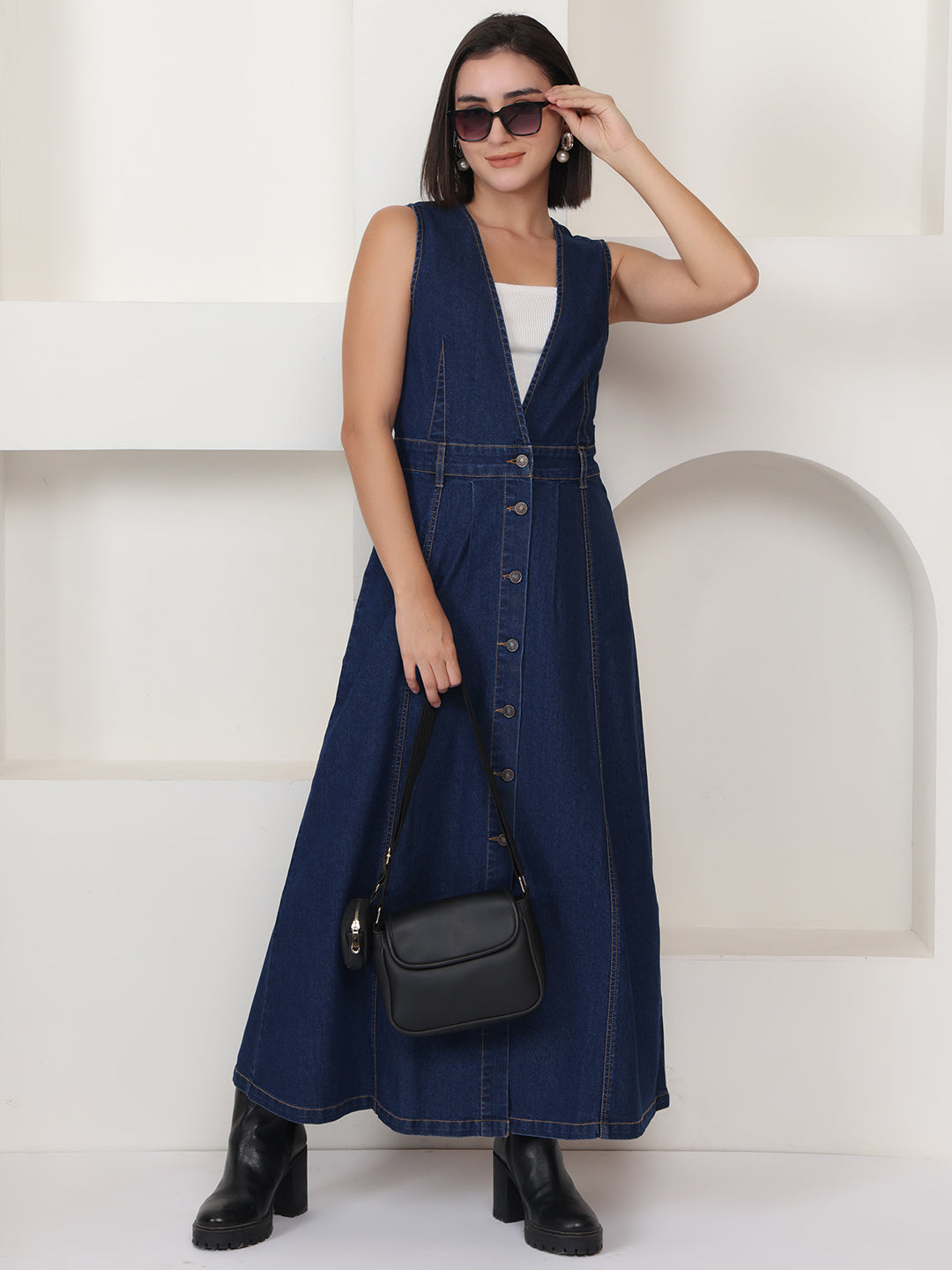 PUELLA Women Navy Blue Belted A-Line Denim Maxi Dress