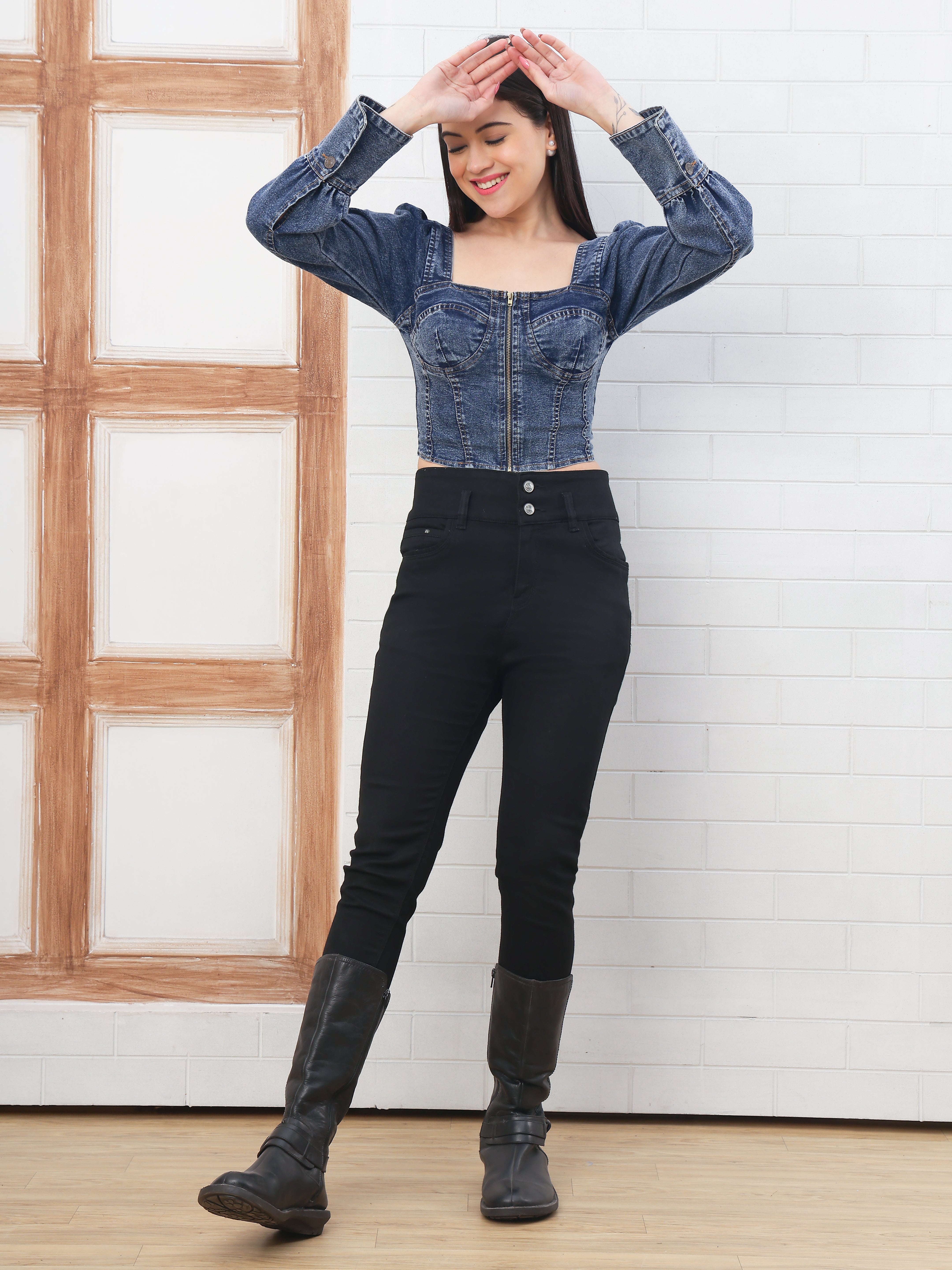 PUELLA Women’s Black Denim Corset Top | Full Sleeve Front Zipper Western Crop Top for Party, Casual & Clubwear