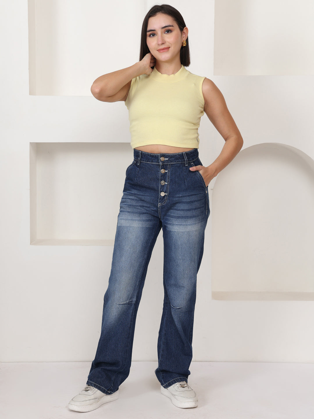 PUELLA Women Medium Blue Light-Fade High-Rise Regular Fit Jeans