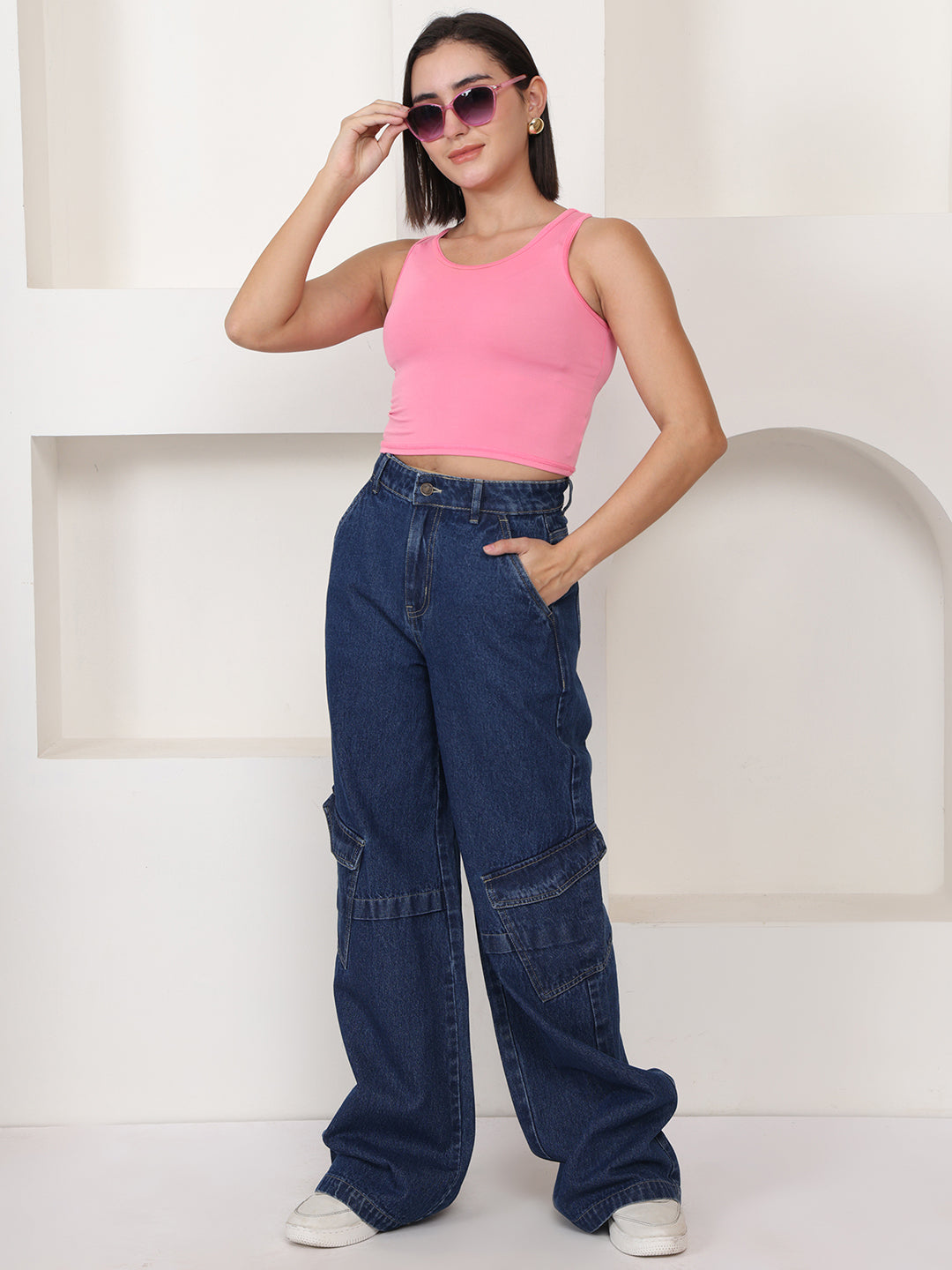 PUELLA Women Dark Blue No-Fade High-Rise Baggy Cargo Jeans