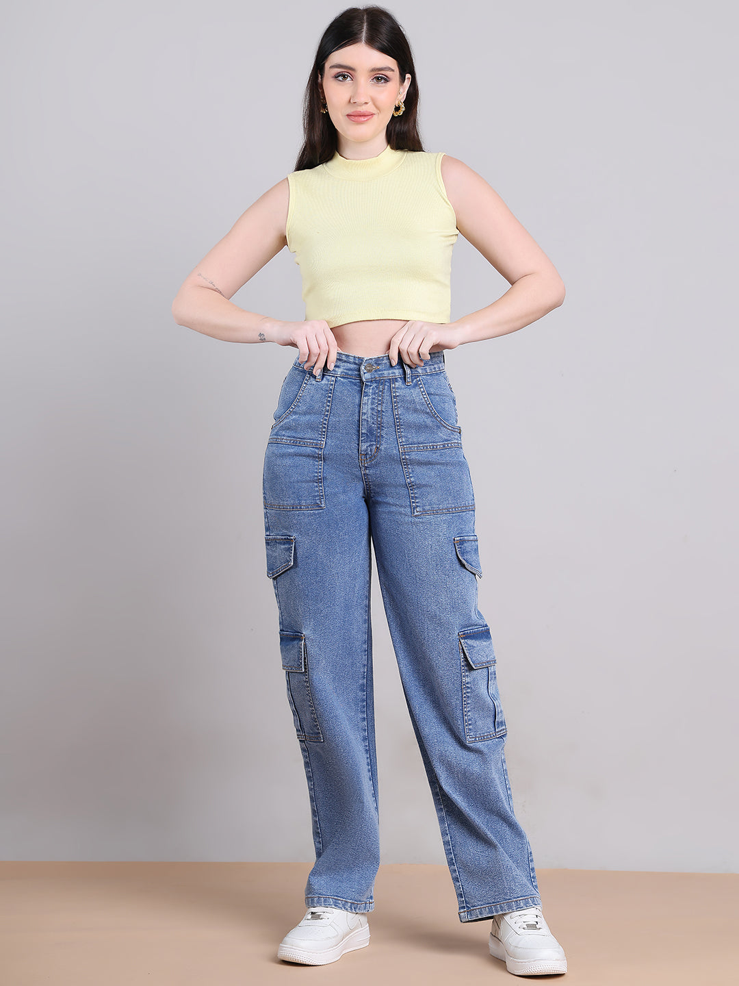 PUELLA Women Light Blue High-Rise Utility Cargo Wide-Leg Jeans
