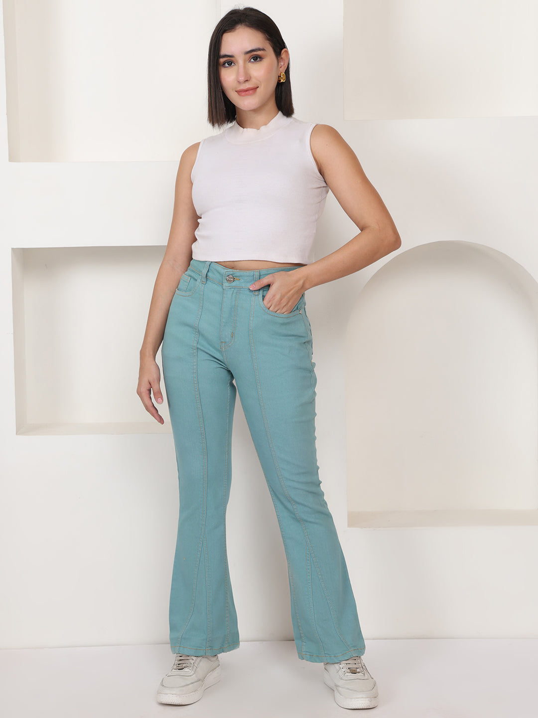 PUELLA Women Light Teal High-Rise Regular Fit Stretchable Coloured Jeans