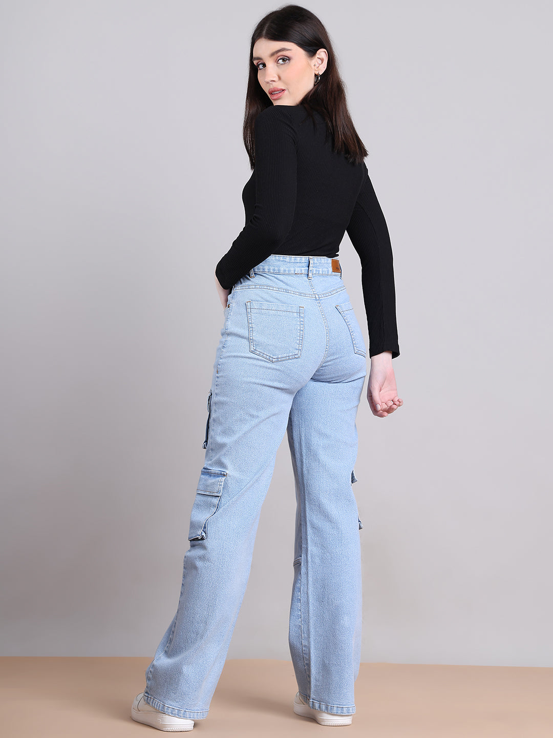 PUELLA Women Light Blue High-Rise Multi-Pocket Cargo Wide-Leg Jeans