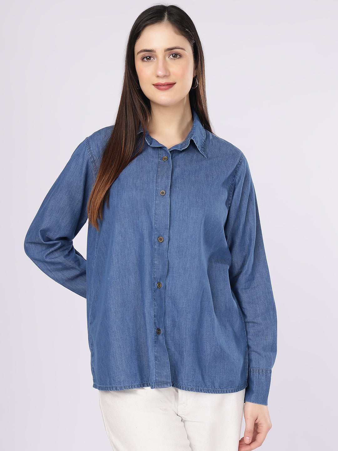 Women’s Blue Relaxed Fit Solid Denim Shirt