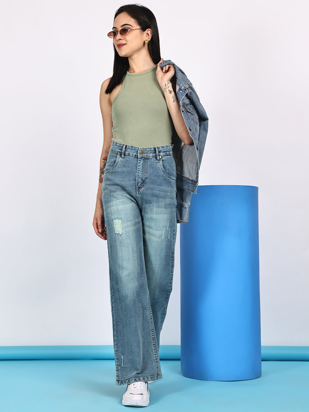 PUELLA Women High-Rise Mid-Blue Distressed Wide-Leg Jeans