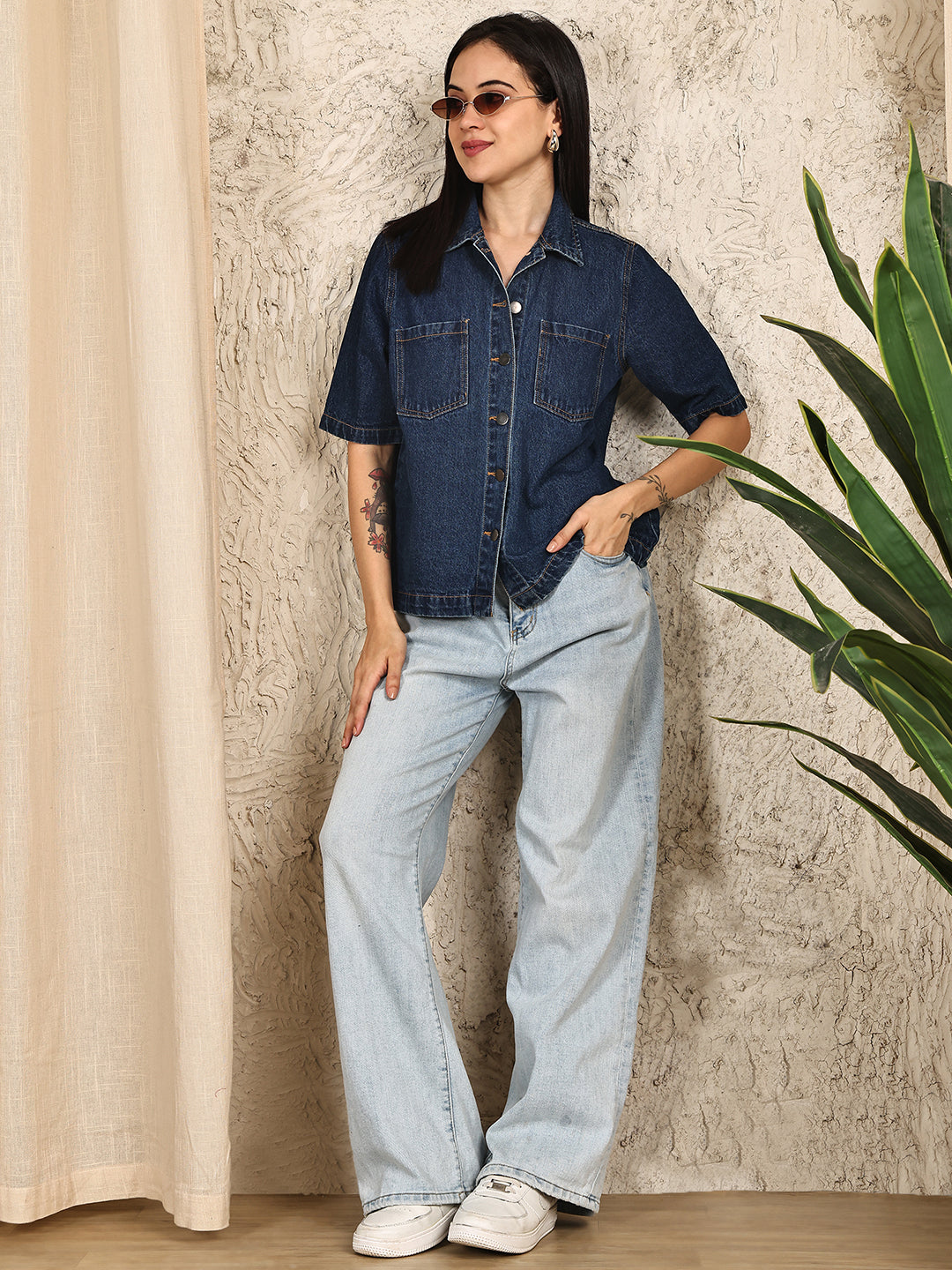 PUELLA Women’s Dark Blue Denim Shirt Top | Half Sleeve Button Down Casual Denim Shirt for Women