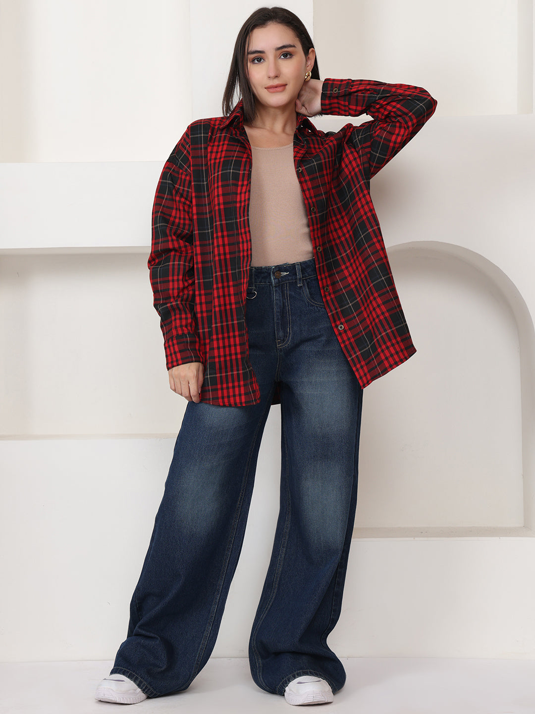 PUELLA Women Red & Black Tartan Checked Relaxed Fit Shirt