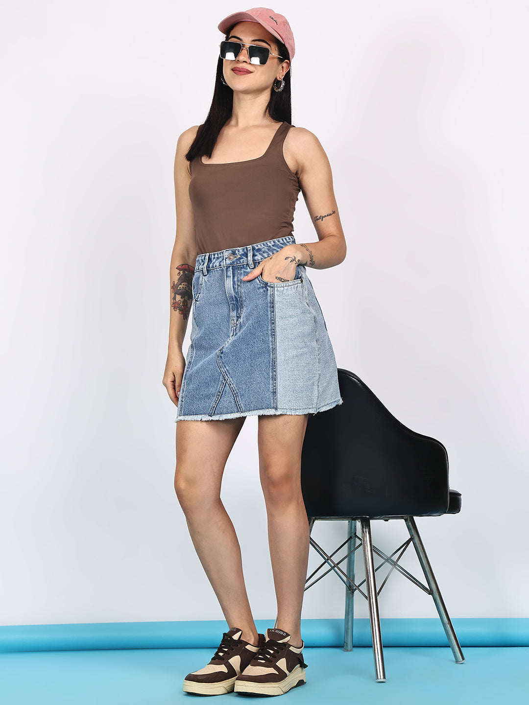 PUELLA Women's Blue Colourblocked A-Line Above-Knee Denim Skirt