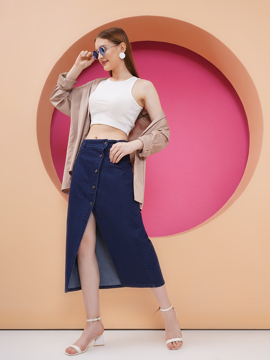 PUELLA Women’s Dark Blue High-Rise Midi Denim Skirt with Front Slit & Button Detailing