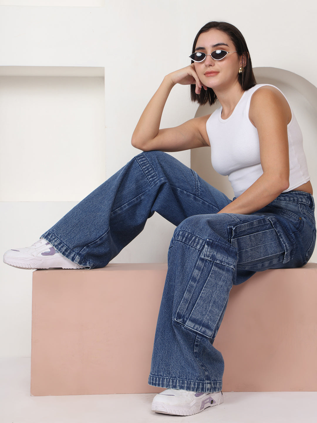 PUELLA Women Medium Blue Light-Fade High-Rise Relaxed Fit Cargo Jeans