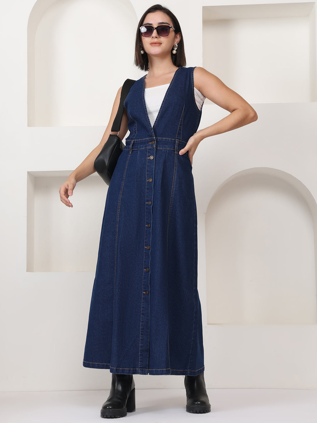 PUELLA Women Navy Blue Belted A-Line Denim Maxi Dress
