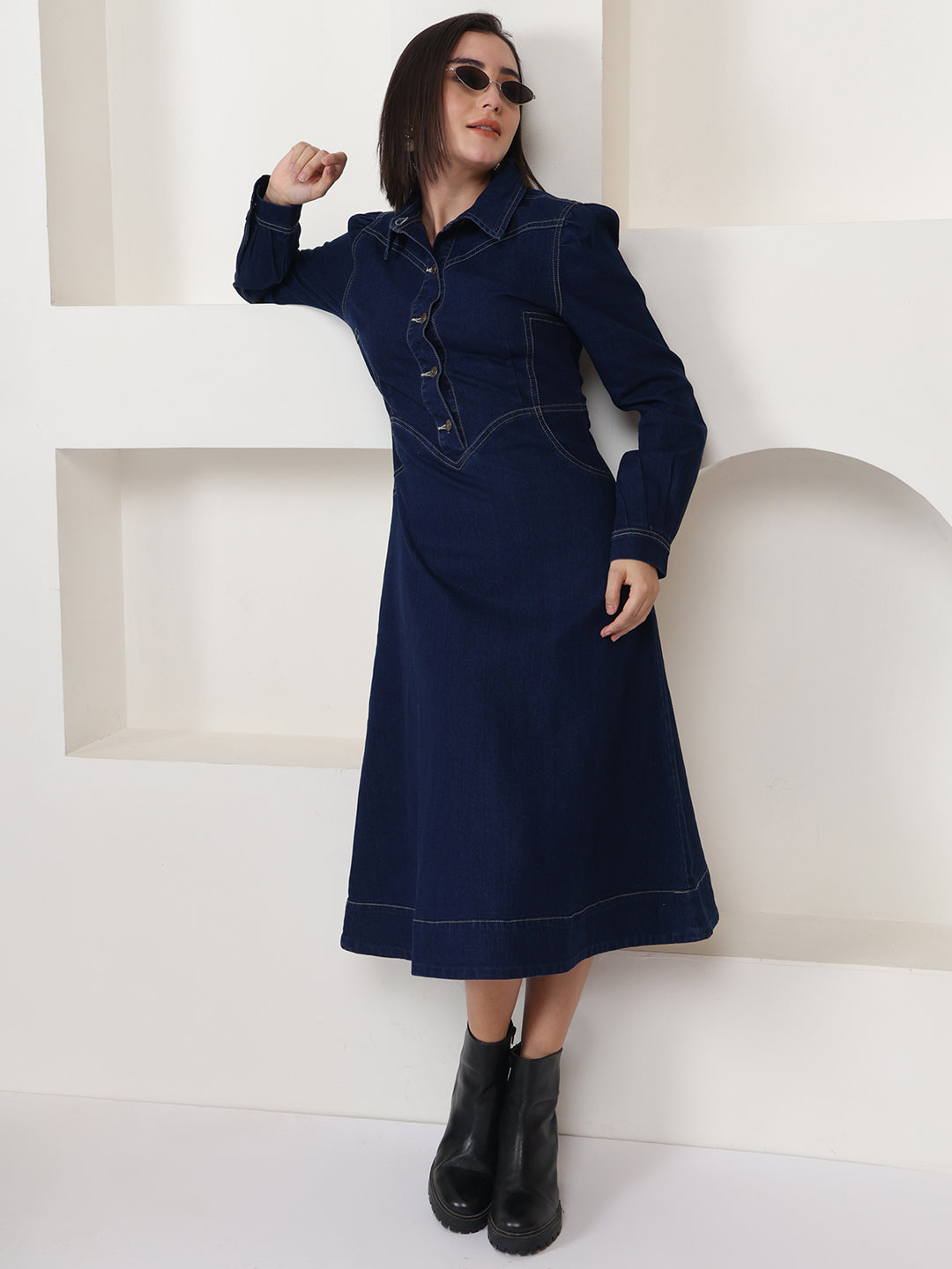 PUELLA Navy Blue Solid Denim Shirt-Collar A-Line Midi Dress