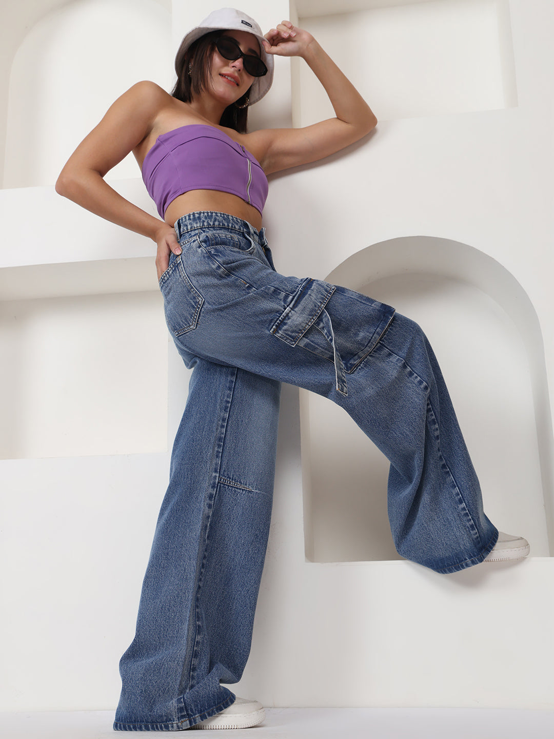 PUELLA Women Medium Blue High-Rise Baggy Cargo Jeans