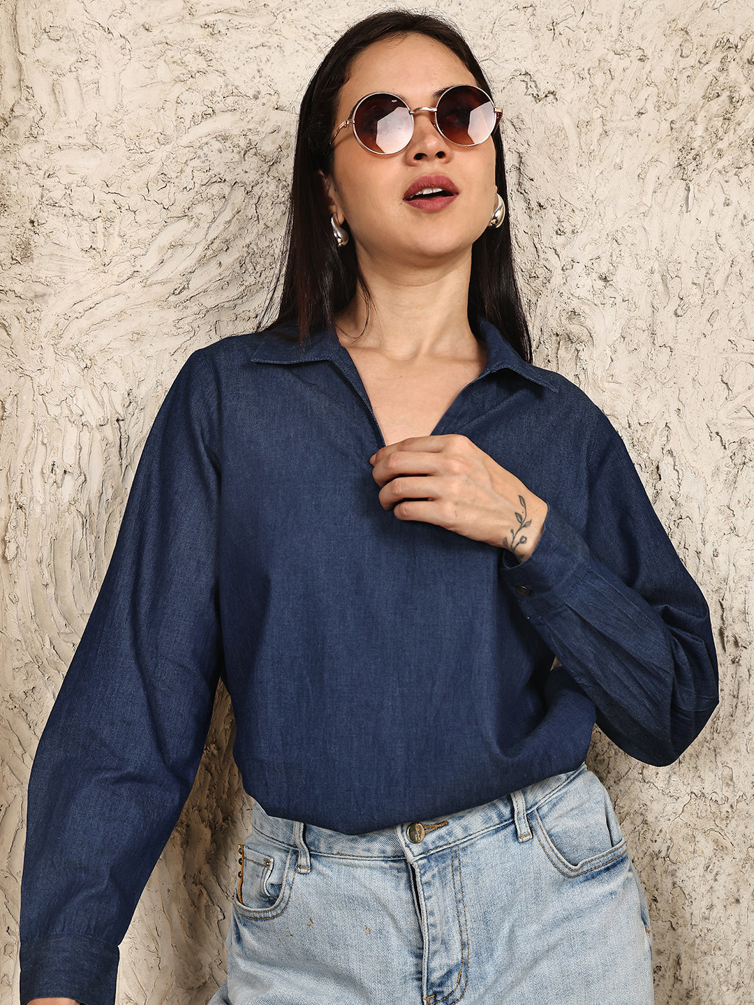 PUELLA Women Dark Blue Relaxed Fit Denim Top
