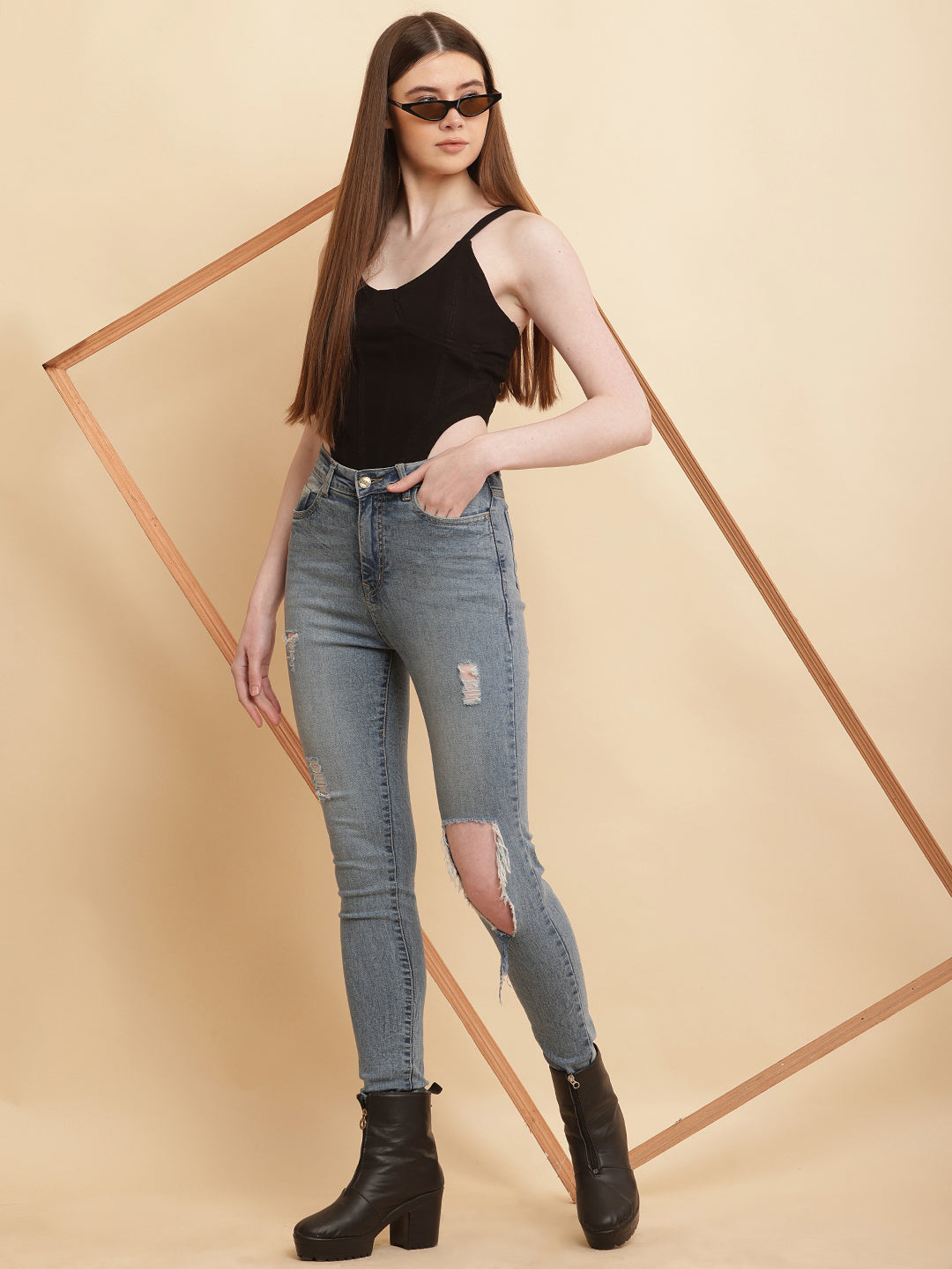 PUELLA Women’s Black Denim Corset Crop Top with Spaghetti Straps