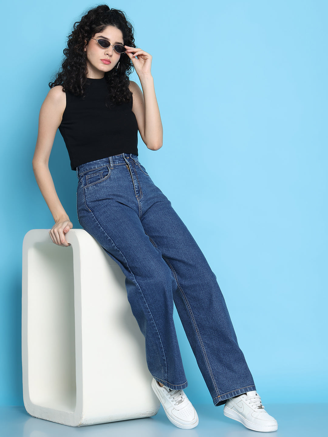 PUELLA Women’s Dark Blue High-Rise Loose Straight-Fit Jeans