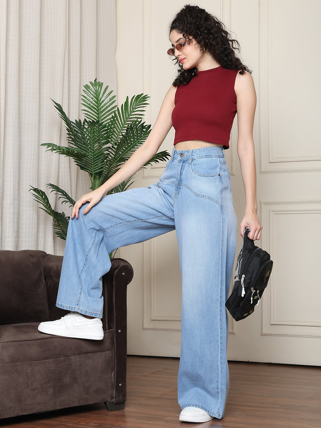 PUELLA Women’s Light Blue High-Rise Loose Straight Fit Jeans with Yoke Design