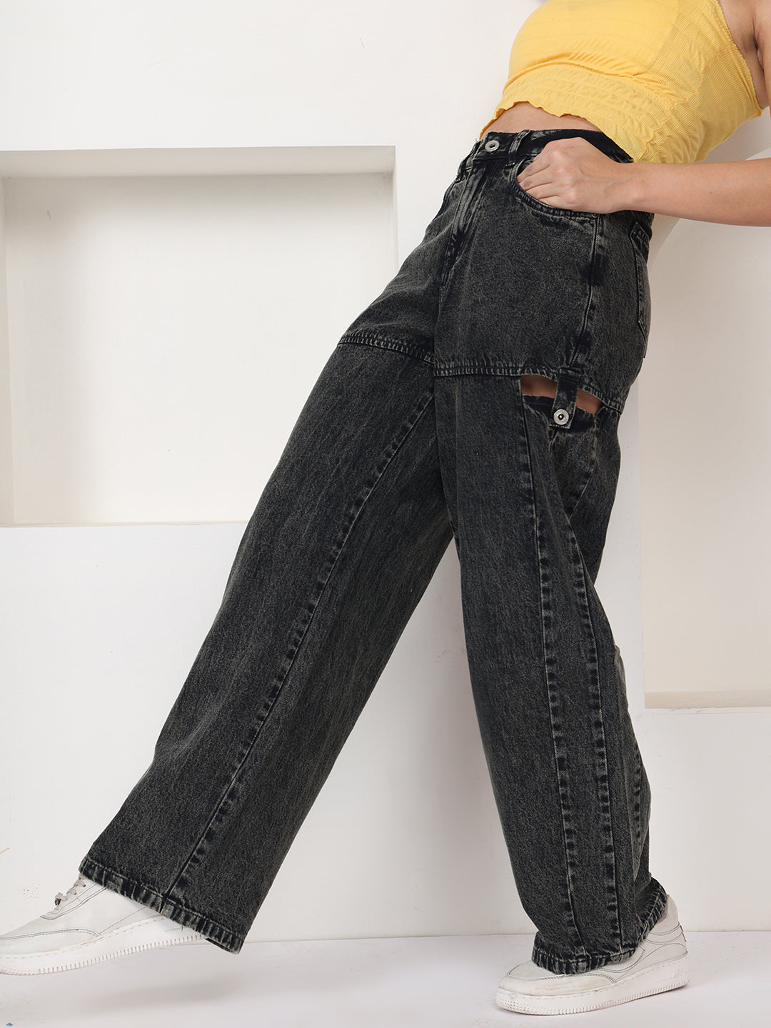 PUELLA Women Dark Charcoal Light-Fade High-Rise Wide-Leg Distressed Jeans