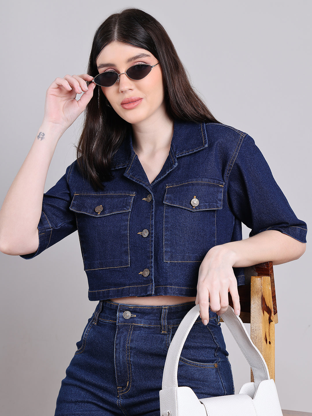PUELLA Women’s Denim Crop Jacket with Half Sleeves & Button Closure