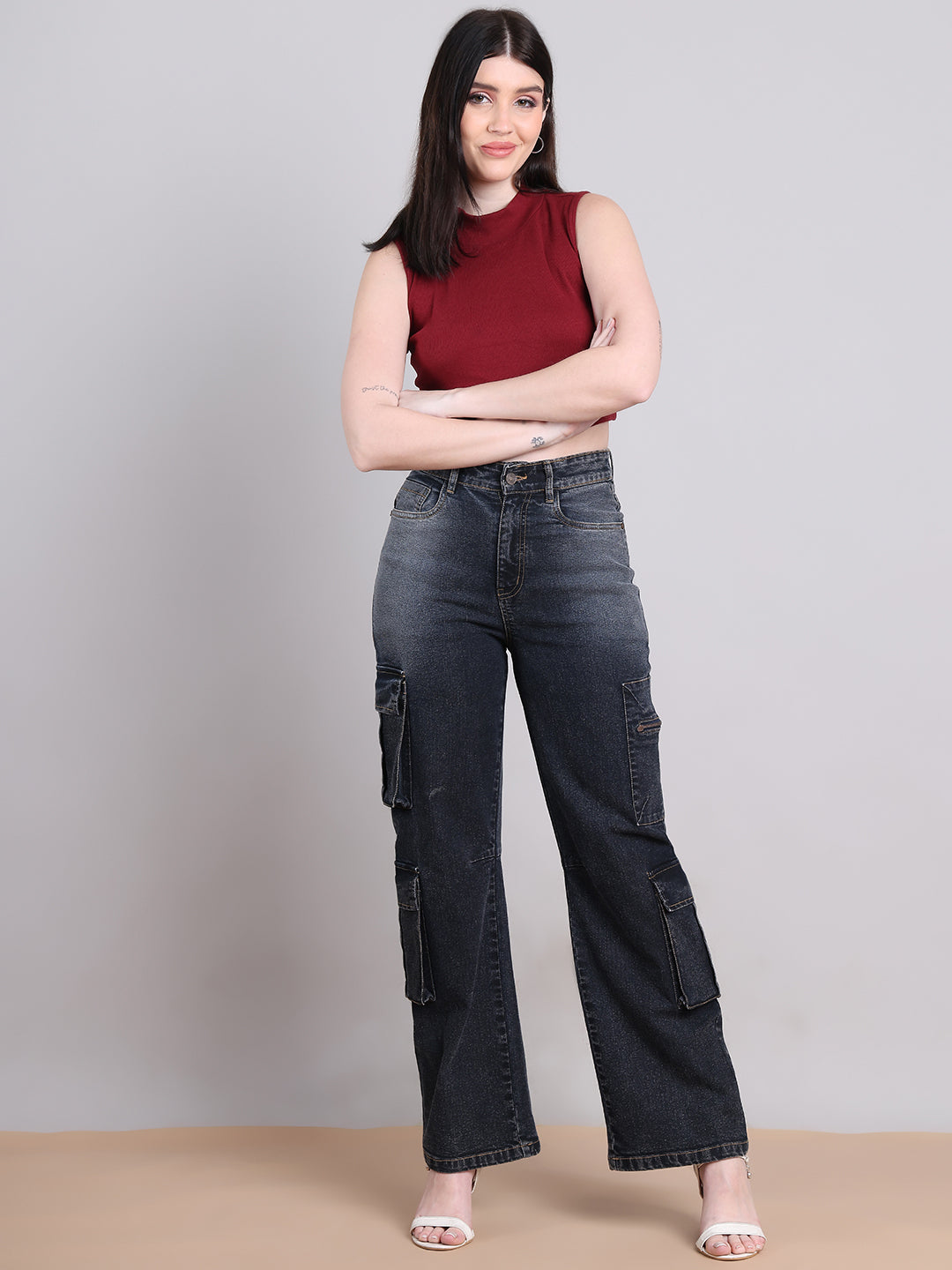 PUELLA Dark Black High-Rise Straight Fit Cargo-Style Jeans