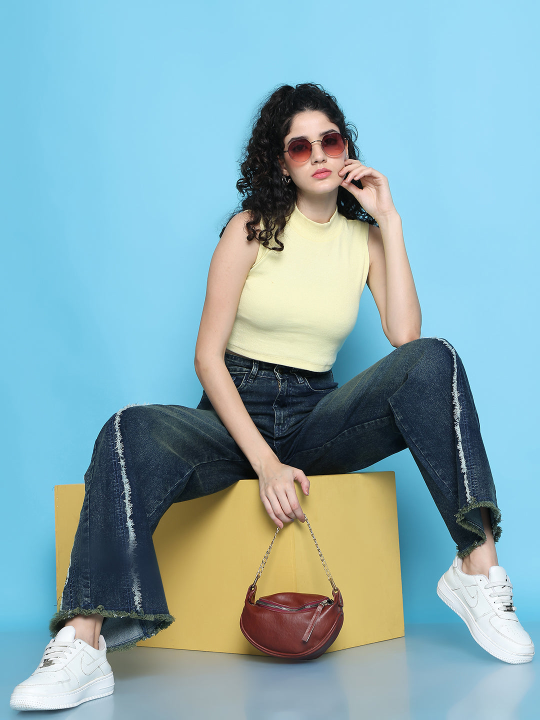 PUELLA Women High-Rise Dark Blue Side Frayed Seam Wide-Leg Jeans