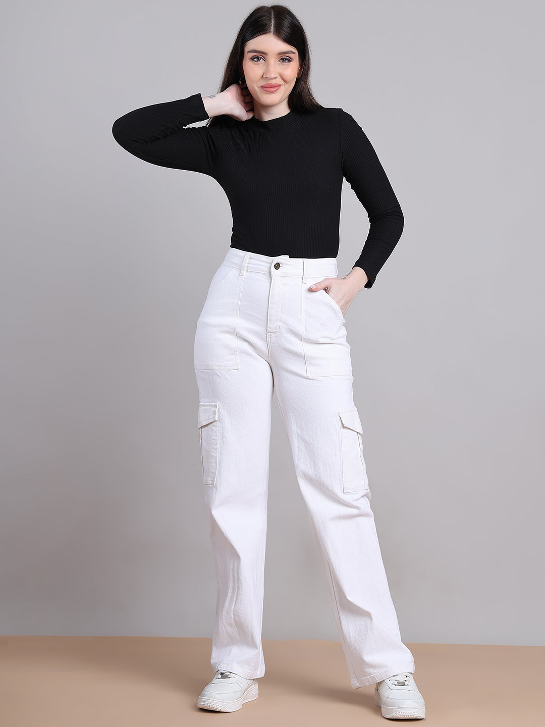 PUELLA Women White High-Rise Cargo Wide-Leg Jeans