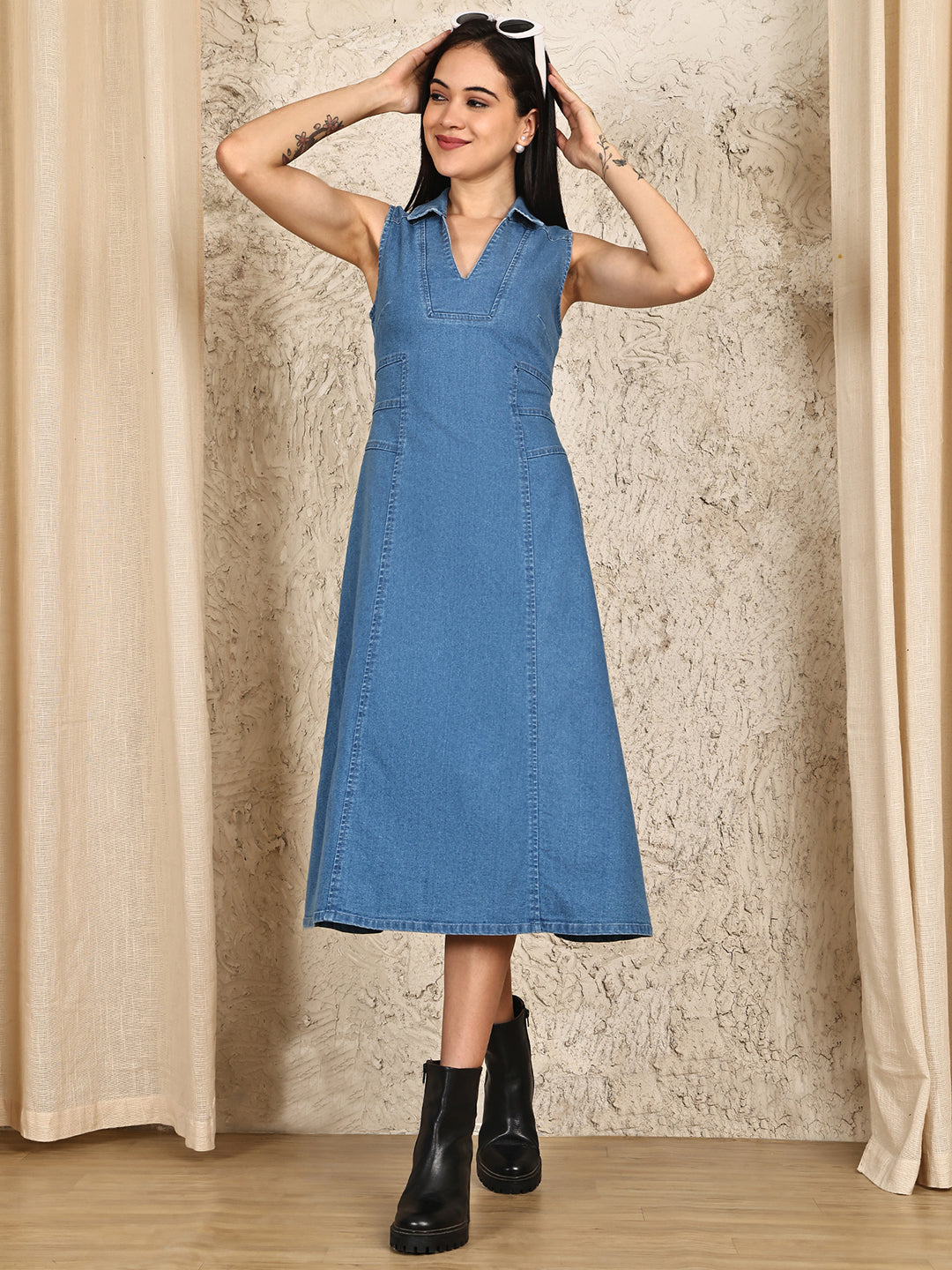 PUELLA Women’s Sleeveless Denim Midi Dress with Collar Neck