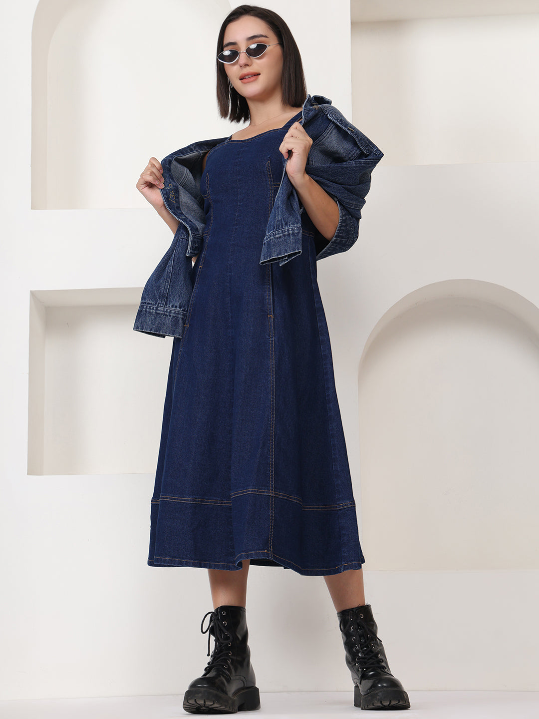 PUELLA Navy Blue Solid Denim A-Line Midi Dress