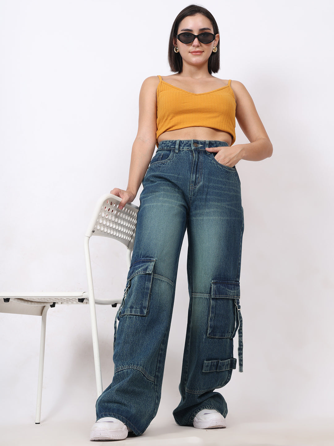 PUELLA Women Dark Blue High-Rise Baggy Cargo Jeans