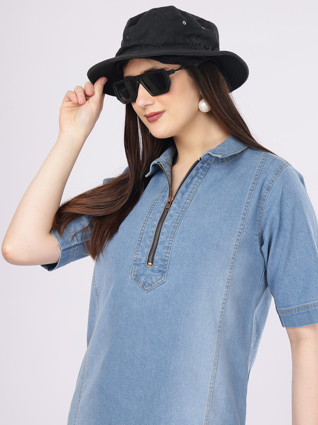 Women's Light Blue Short Sleeve Denim Shift Dress – Casual High-Neck Quarter-Zip Mini Tunic Dress