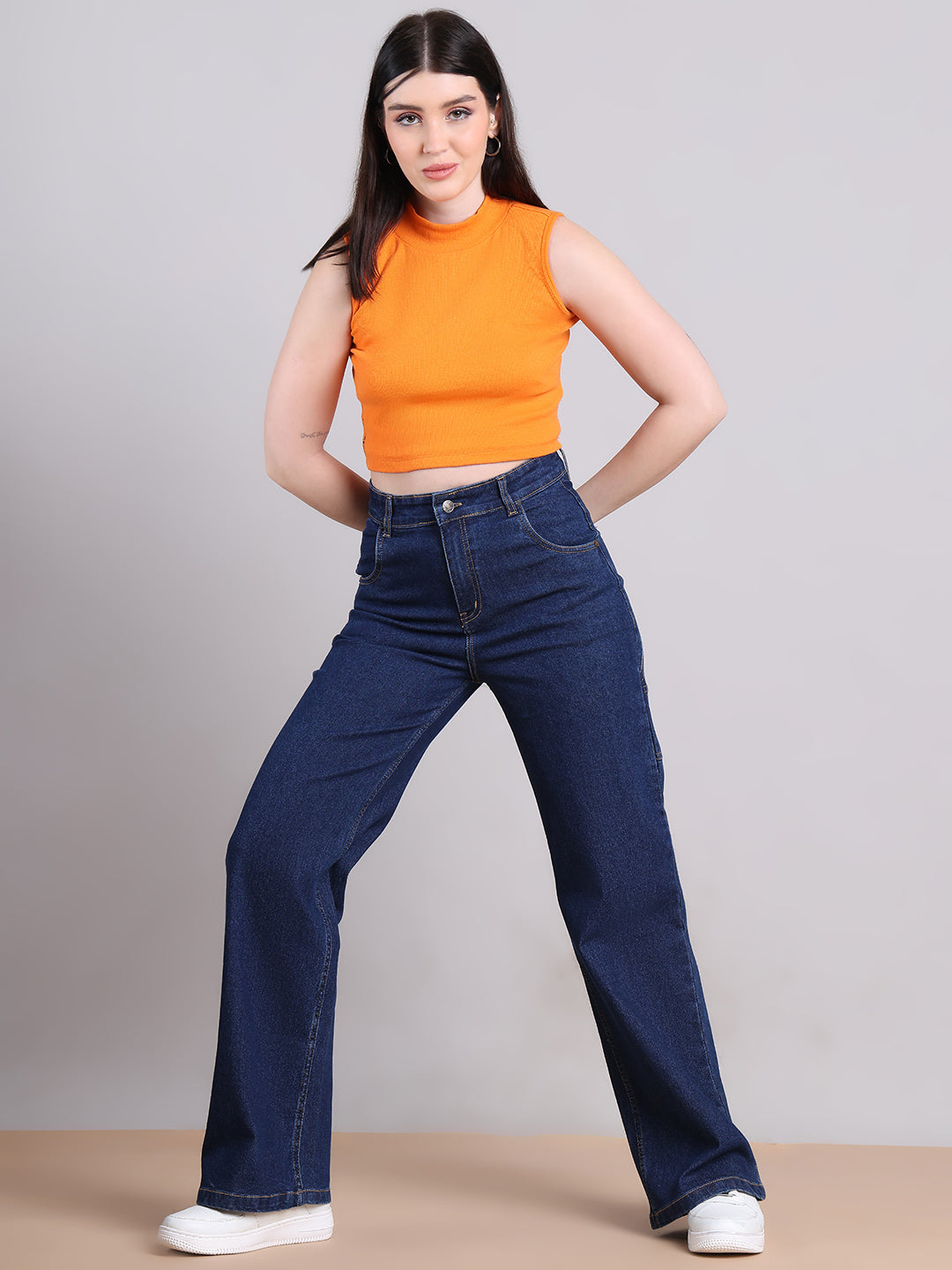 PUELLA Women Dark Blue High-Rise Utility Pocket Wide-Leg Jeans