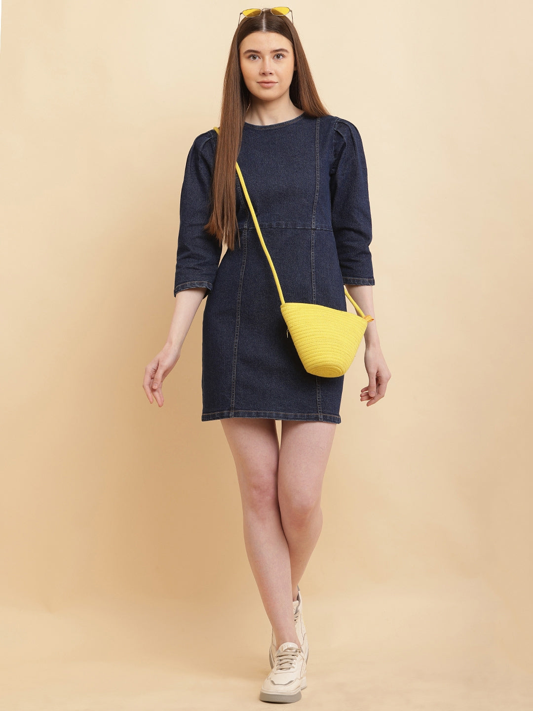 PUELLA Women Dark Blue Solid Denim Mini Dress with Puff Sleeves