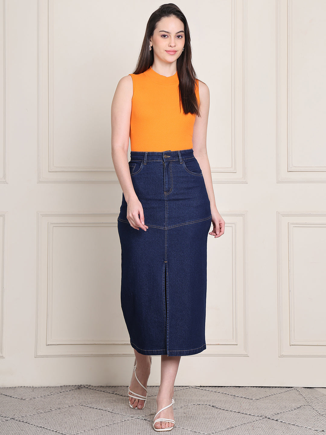 PUELLA Women's Blue Solid A-Line Midi Denim Skirt