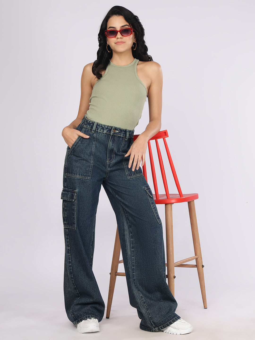 Women’s Dark Blue High-Rise Baggy Cargo Denim Jeans