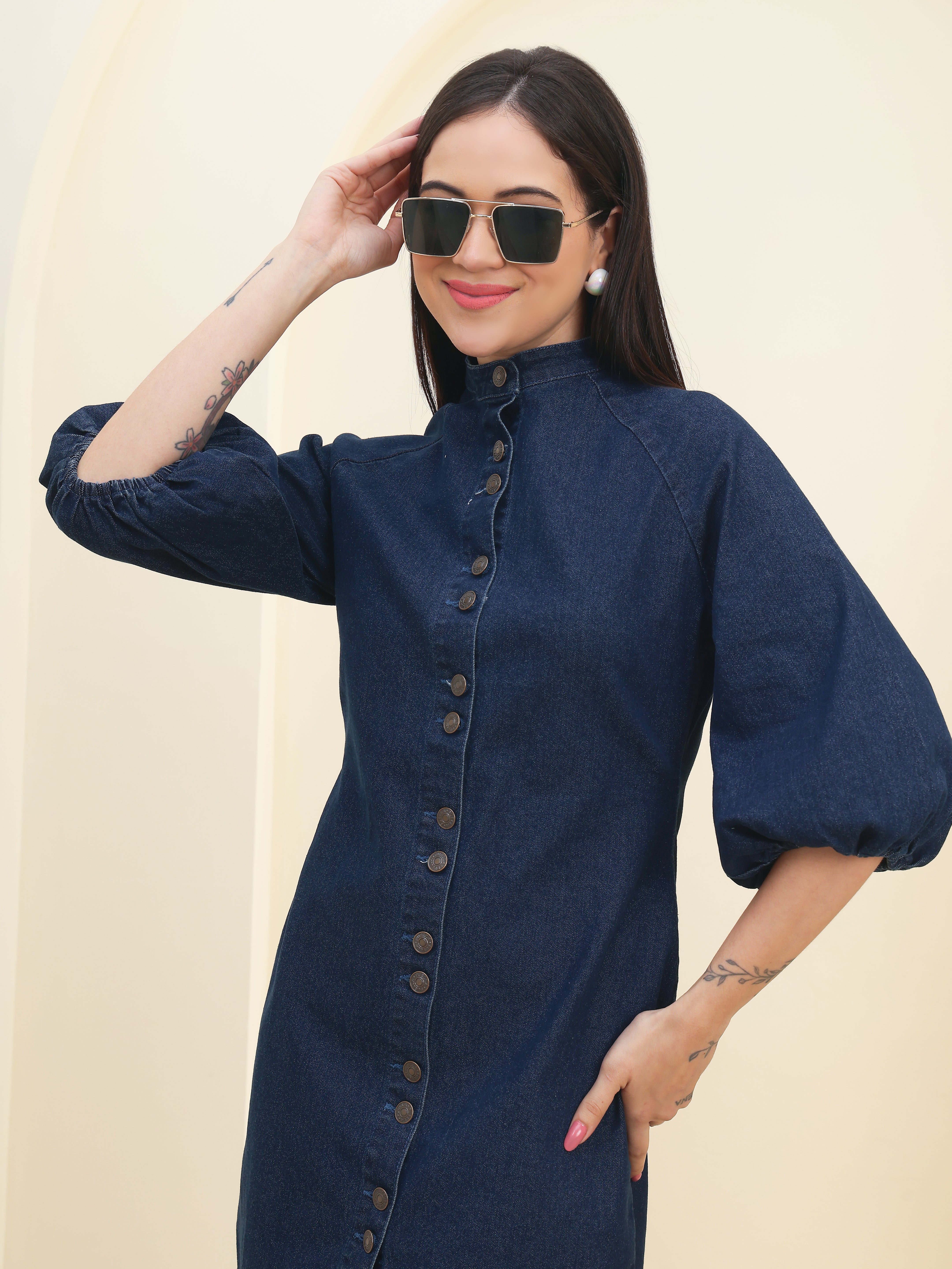 DOZER Dark Blue Denim Mandarin Collar Midi Dress