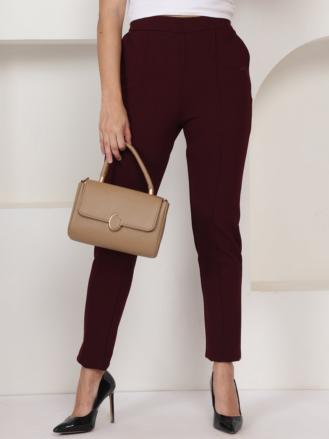 PUELLA Maroon High-Rise Slim Fit Formal Trousers