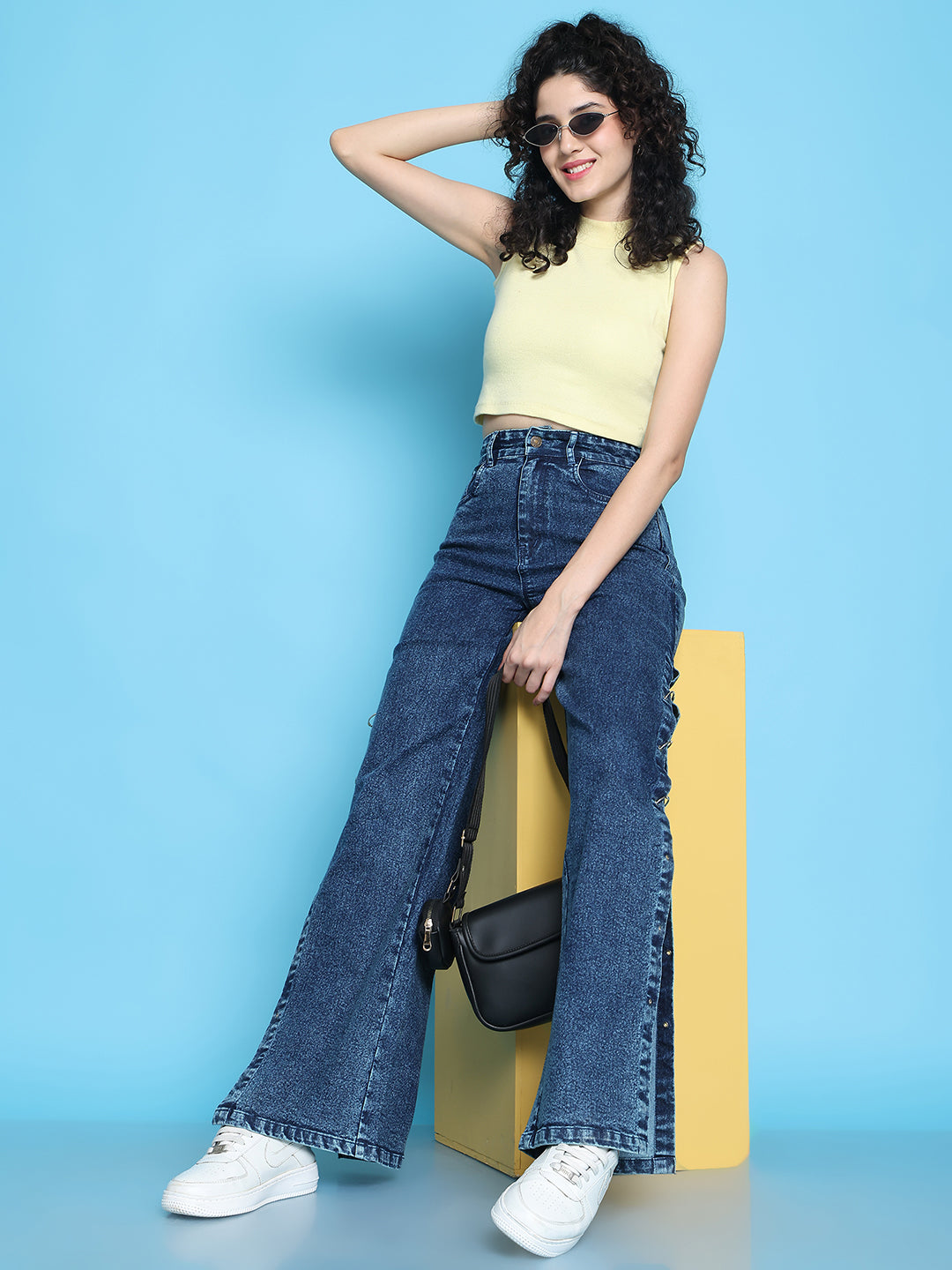 PUELLA Women High-Rise Dark Blue Side Slit Wide-Leg Jeans with Metal Ring Detailing