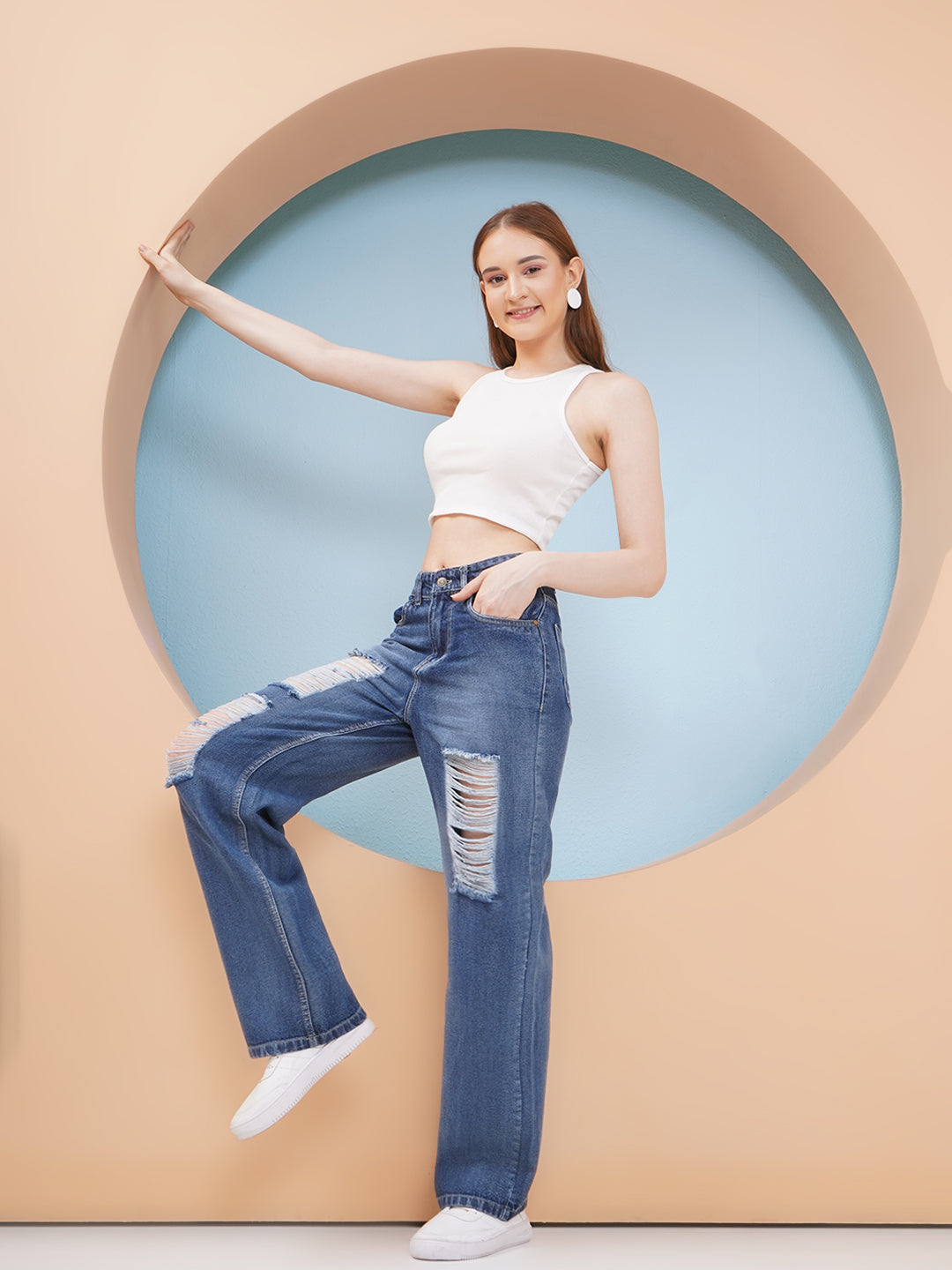 PUELLA Women Dark Blue High-Rise Distressed Straight Fit Jeans