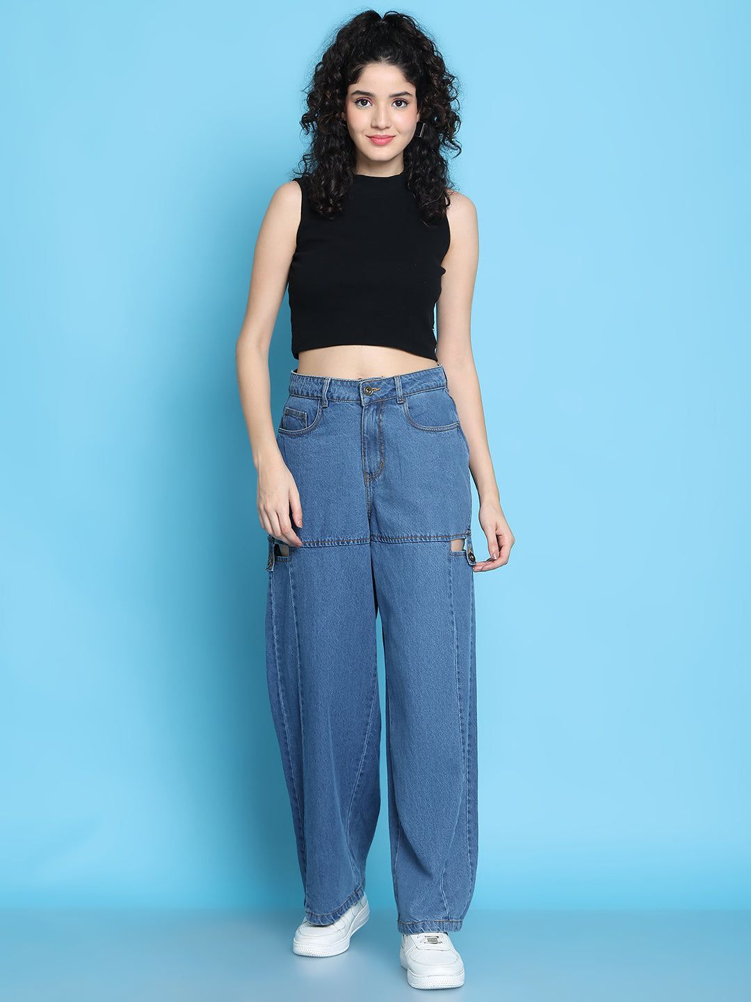 PUELLA Women’s Blue High-Rise Loose Straight Fit Jeans