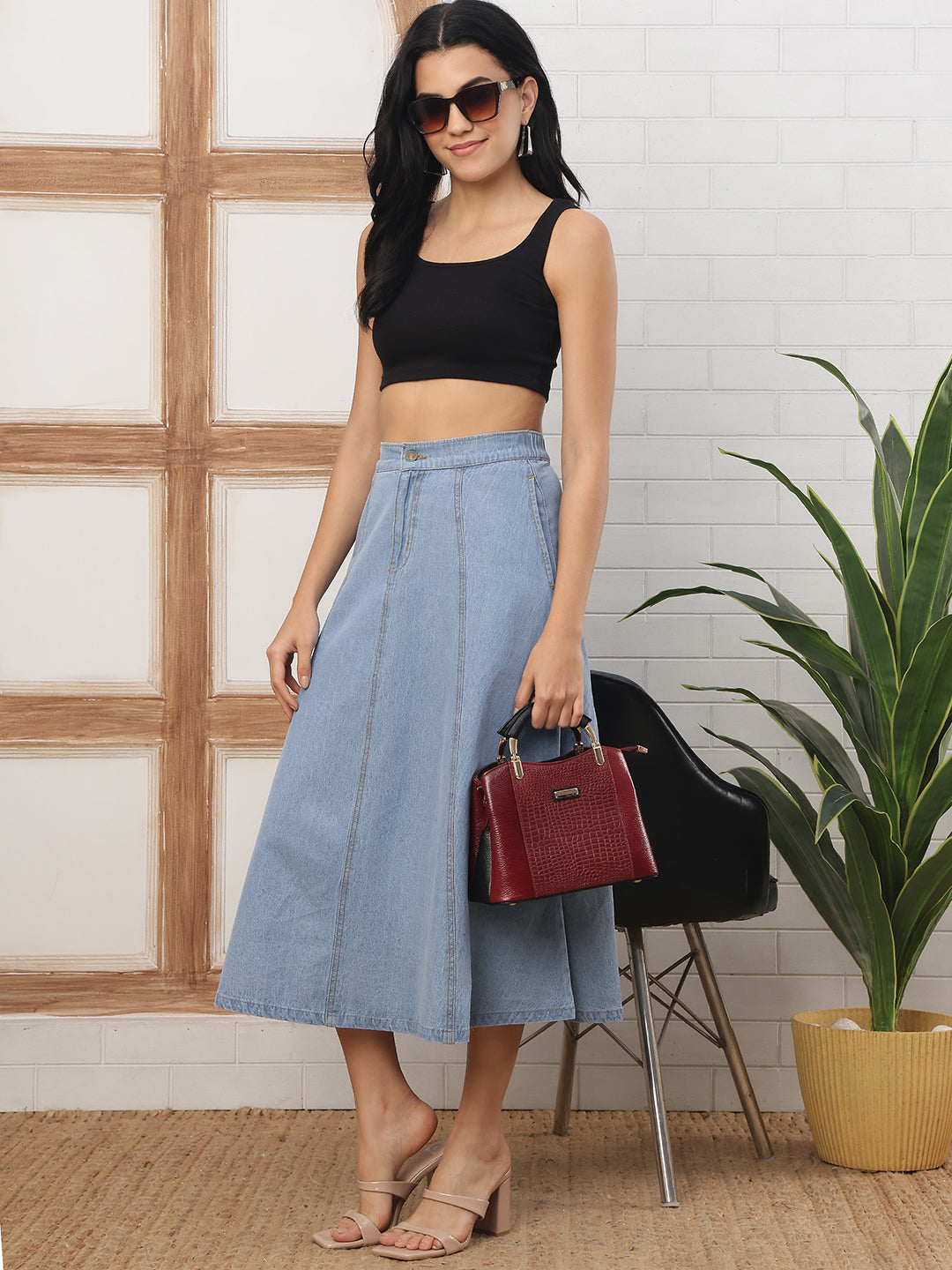 Women’s Light Blue Ice Wash Midi Denim Skirt
